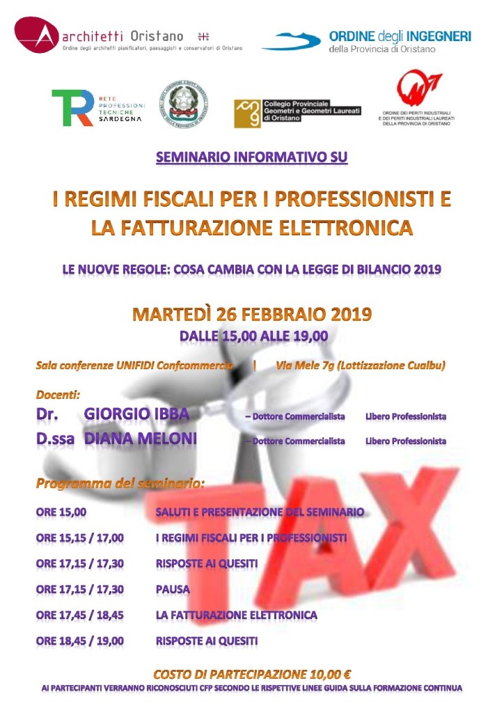 Oristano: seminario Regimi fiscali e la fatturazione elettronica 26/02/19